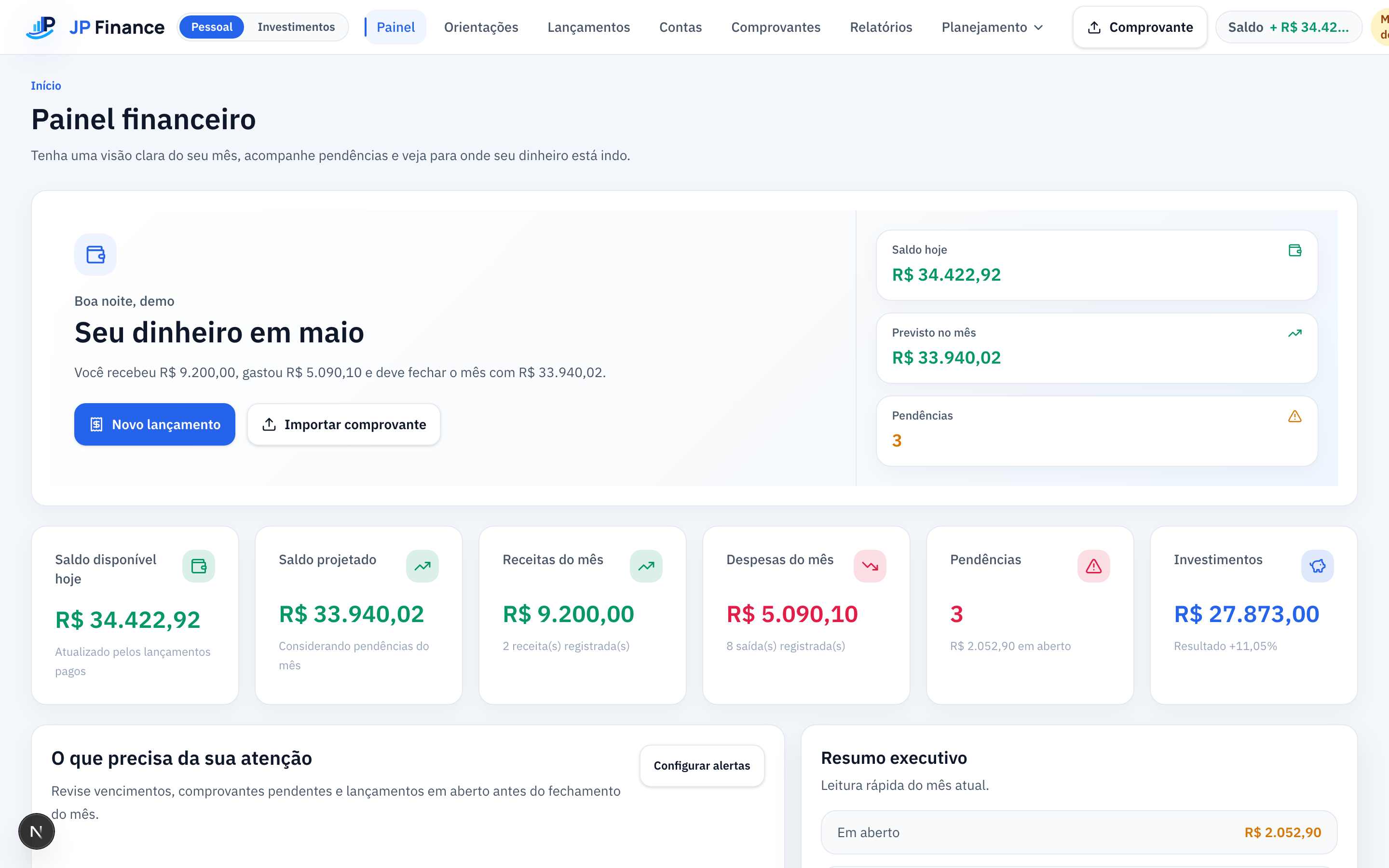 Tela de Painel da JP Finance