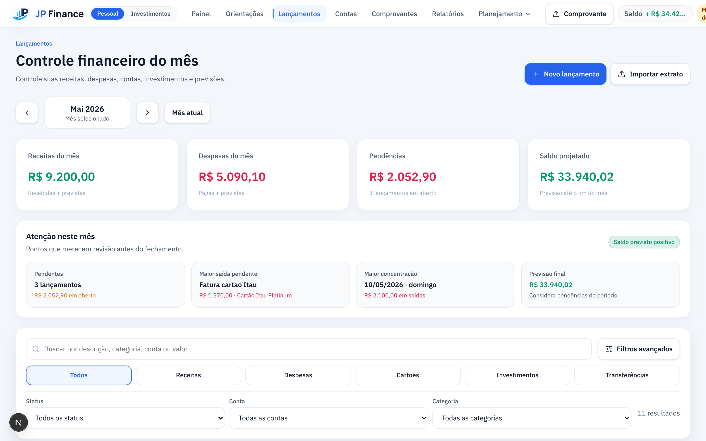 Tela de Lançamentos da JP Finance